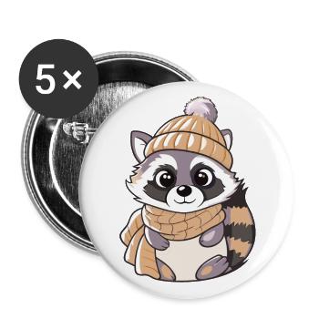 Raton laveur mignon avec écharpe et chapeau à pompon. - Lot de 5 grands badges (56 mm) - blanc - Devant