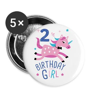 2. Geburtstag Mädchen 2 Jahre Licorn Einhorn - Buttons groß 56 mm (5er Pack) - Weiß - Vorne