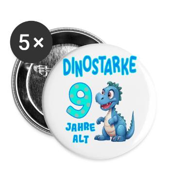 Dinostarke 9 Jahre alt - Kindergeburtstag Dino süß - Buttons groß 56 mm (5er Pack) - Weiß - Vorne