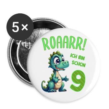 Ich bin schon 9 Jahre alt - Kindergeburtstag Dino - Buttons groß 56 mm (5er Pack) - Weiß - Vorne
