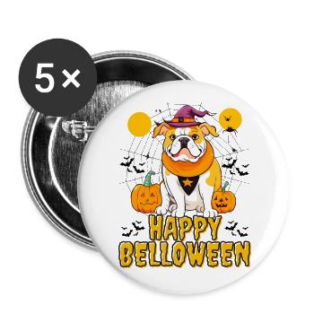 HAPPY BELLOWEEN Halloween Chien Chiens Bouledogue - Lot de 5 grands badges (56 mm) - blanc - Devant