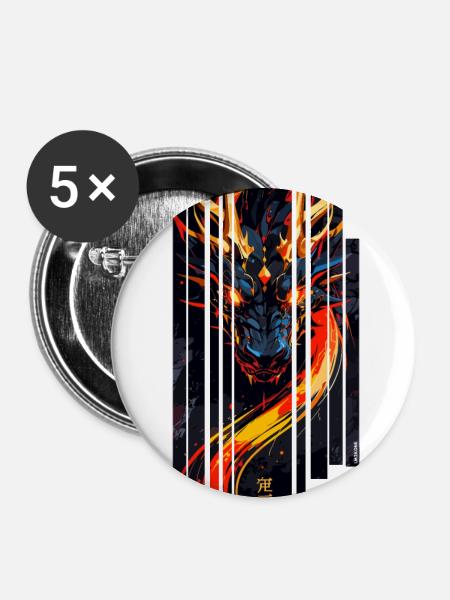 Roter Fantasy-Drache - Buttons groß 56 mm (5er Pack) - Weiß