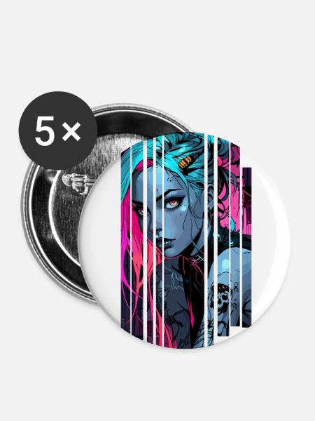 Neonblaues Cyber-Mädchen - Buttons groß 56 mm (5er Pack) - Weiß