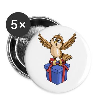 Lustiger Vogel mit Geschenk - Buttons groß 56 mm (5er Pack) - Weiß - Vorne
