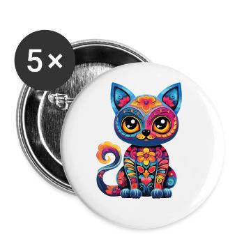 Dia De los Muertos Cat Meowtos Colorful Flowers - Buttons large 2.2''/56 mm (5-pack) - white - Front