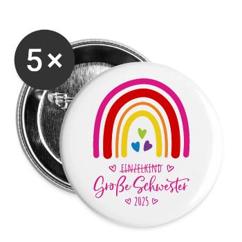 Boho Regenbogen Einzelkind Große Schwester 2025 - Buttons groß 56 mm (5er Pack) - Weiß - Vorne
