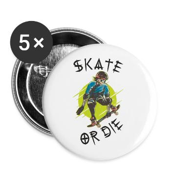 Skate ou die skeleton skateboarder - Lot de 5 grands badges (56 mm) - blanc - Devant