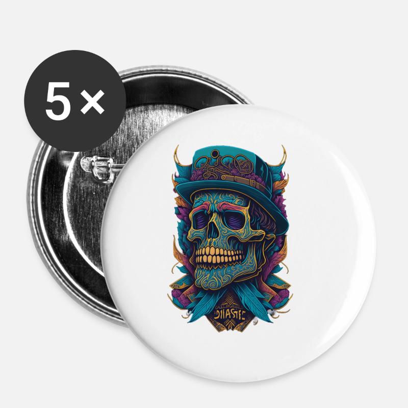Skeleton Skull with Hat and Flowers Cool Comic - Buttons large 2.2''/56 mm (5-pack) - white