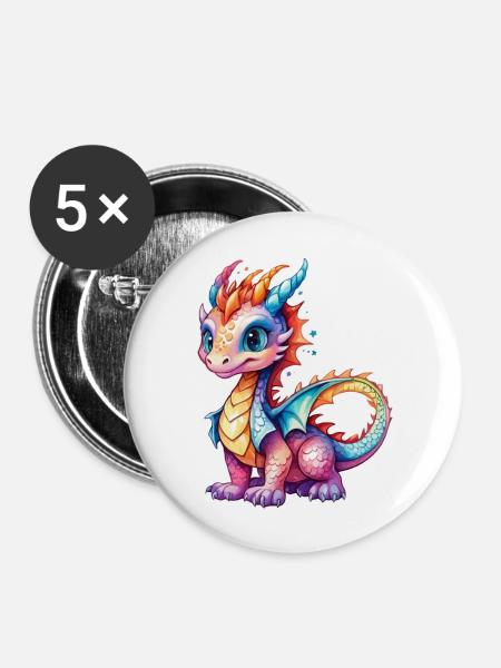 Drache Wasserfarben - Buttons groß 56 mm (5er Pack) - Weiß
