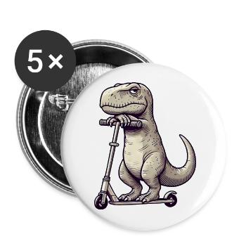 Mürrischer Dino T-Rex auf Kickroller Comic - Buttons groß 56 mm (5er Pack) - Weiß - Vorne