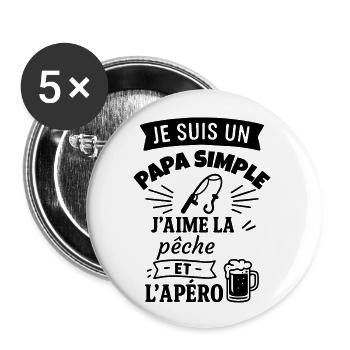 Papa simple pêche pêcheur cadeau fête des pères - Lot de 5 grands badges (56 mm) - blanc - Devant