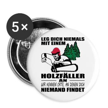 Holzfäller mit Motorsäge - Buttons groß 56 mm (5er Pack) - Weiß - Vorne