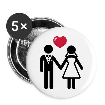 Mariée et le marié avec coeur - Lot de 5 grands badges (56 mm) - blanc - Devant
