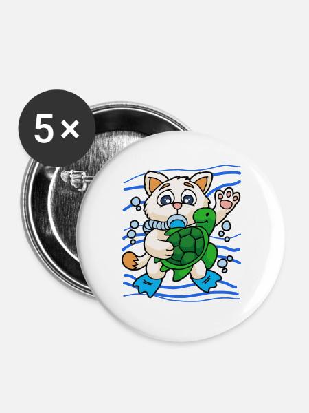 KITTY WITH SEA TURTLE - Buttons groß 56 mm (5er Pack) - Weiß
