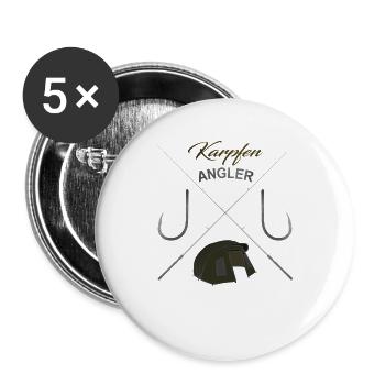 Karpfen Angeln und Camping - Buttons groß 56 mm (5er Pack) - Weiß - Vorne
