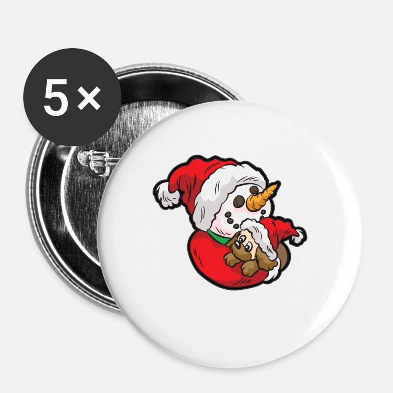 Süßer Schneemann umarmt einen süßen Hundwelpen - Buttons groß 56 mm (5er Pack) - Weiß