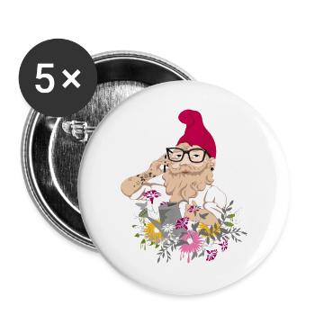 Ein Gartenzwerg als Hipster mit Brille und Tattoos - Buttons groß 56 mm (5er Pack) - Weiß - Vorne