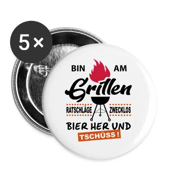 Bin am Grillen Tschuess - Buttons groß 56 mm (5er Pack) - Weiß - Vorne