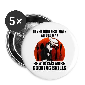 Chat noir un vieil homme avec des chats et des compétences culinaires - Lot de 5 grands badges (56 mm) - blanc - Devant