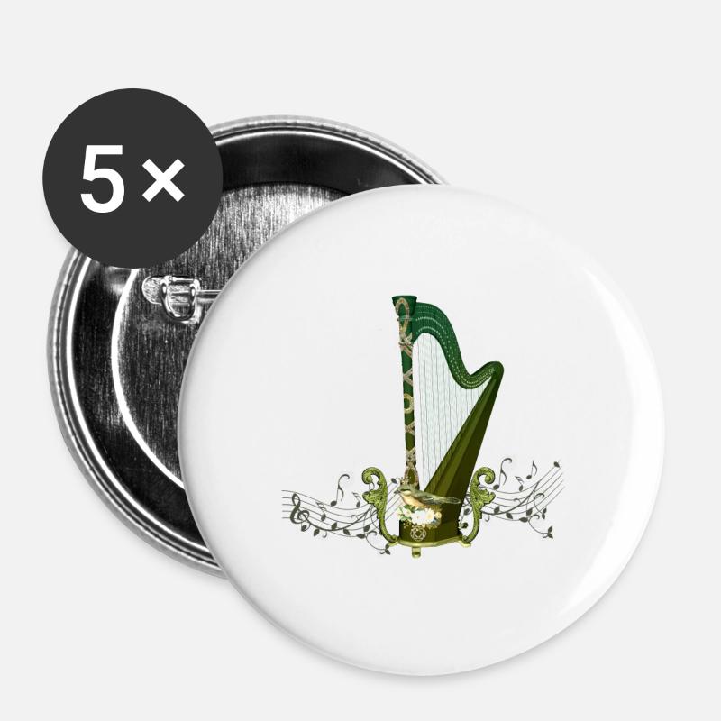 Keltische Harfe mit keltischem Knoten und Blumen mit Vogel - Buttons groß 56 mm (5er Pack) - Weiß