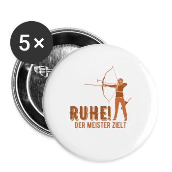 Ruhe! Der Meister zielt! Bogenschießen Bogensport - Buttons groß 56 mm (5er Pack) - Weiß - Vorne