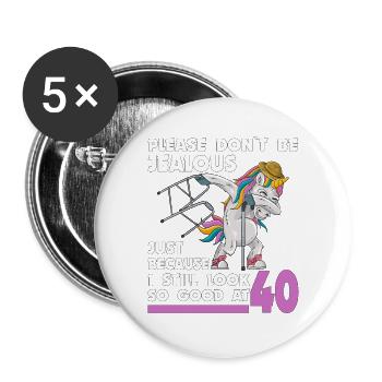 40e anniversaire Licorne 40 ans avec bâton de déambulateur - Lot de 5 grands badges (56 mm) - blanc - Devant