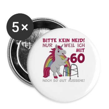 60. Geburtstag 60 Jahre Einhorn mit Rollator Stock - Buttons groß 56 mm (5er Pack) - Weiß - Vorne