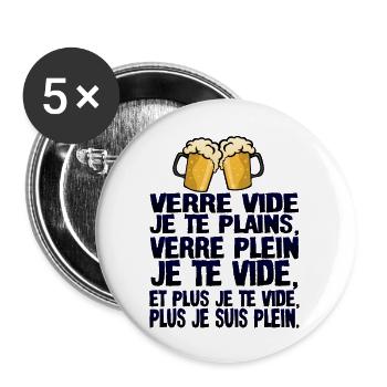 alcool humour verre vide plains plein biere citati - Lot de 5 grands badges (56 mm) - blanc - Devant