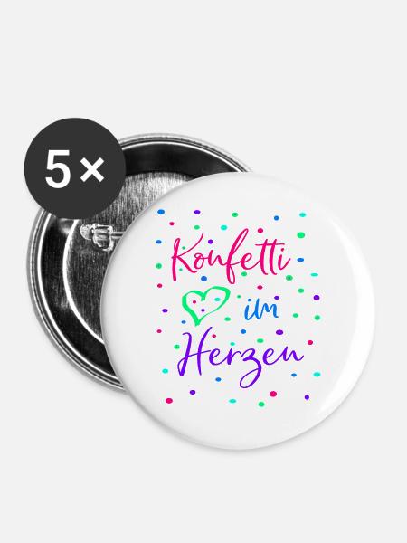 Karneval Fasching Konfetti im Herzen - Buttons groß 56 mm (5er Pack) - Weiß