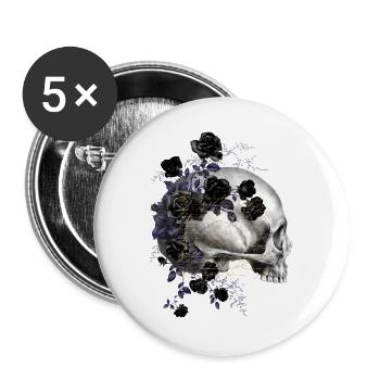 Schädel mit Rosen und Goldschrift - Buttons groß 56 mm (5er Pack) - Weiß - Vorne