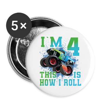 4 Jahre Monstertruck - Buttons groß 56 mm (5er Pack) - Weiß - Vorne