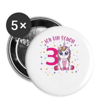 ich bin schon 3 Einhorn Geburtstag Kind Mädchen - Buttons groß 56 mm (5er Pack) - Weiß - Vorne