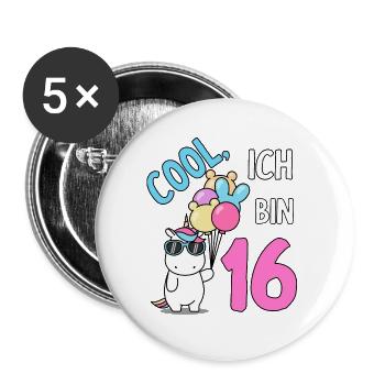 16. Geburtstag 16 Jahre Geschenk Einhorn - Buttons groß 56 mm (5er Pack) - Weiß - Vorne