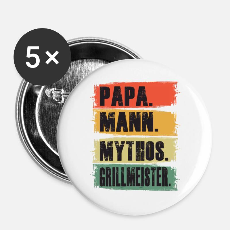 Papa Mann Mythos Grillmeister Grillmaster BBQ - Buttons groß 56 mm (5er Pack) - Weiß