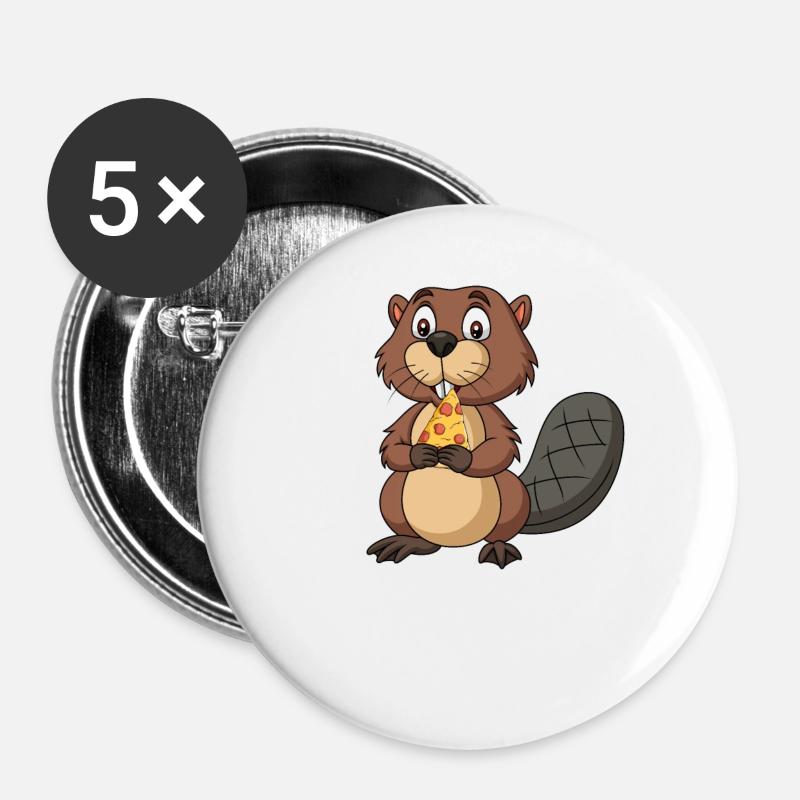 Funny beaver with pizza piece rodent pizza - Buttons large 2.2''/56 mm (5-pack) - white