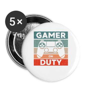 Gamer on Duty Gaming Geschenk - Buttons groß 56 mm (5er Pack) - Weiß - Vorne