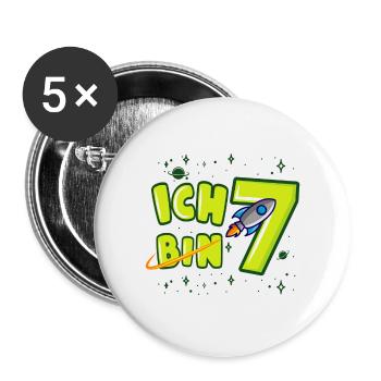 ICH BIN 7 Weltraum Kindergeburtstag 7 Jahre - Buttons groß 56 mm (5er Pack) - Weiß - Vorne