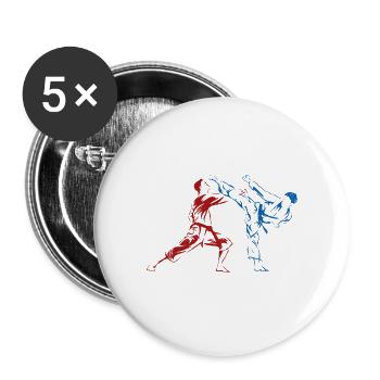 Karate Kämpfer Schwarzgurt Karate Kick - Buttons groß 56 mm (5er Pack) - Weiß - Vorne