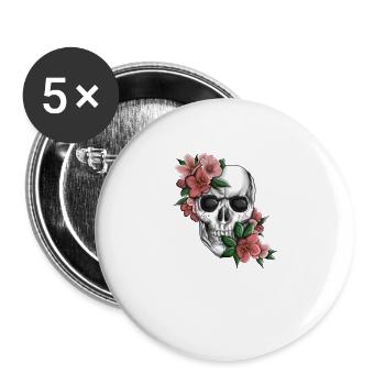 Tête de mort avec des fleurs - Lot de 5 grands badges (56 mm) - blanc - Devant
