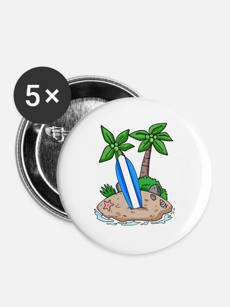 Insel mit Surfbrett - Buttons groß 56 mm (5er Pack) - Weiß