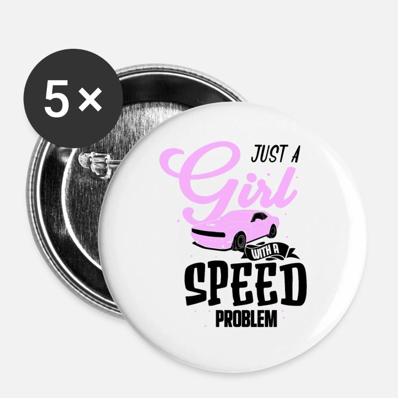 Schnell oder Uninteressant Racing Girl Motorsport - Buttons groß 56 mm (5er Pack) - Weiß