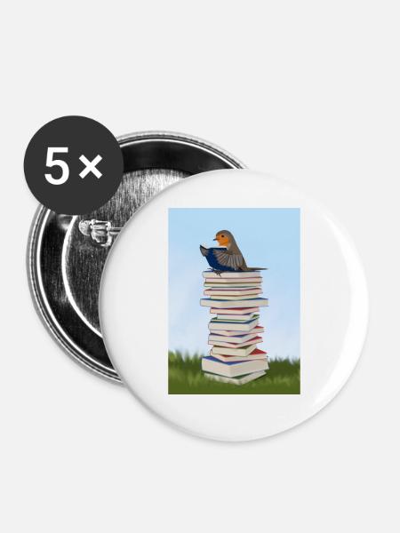Rotkehlchen liest Bücher Vogelfreund Singvogel - Buttons groß 56 mm (5er Pack) - Weiß