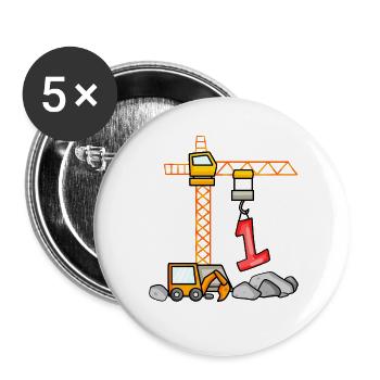 Kinder Geburtstagsshirt Bagger 1 Junge Baustelle 1 - Buttons groß 56 mm (5er Pack) - Weiß - Vorne