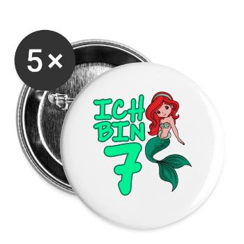 ICH BIN 7 JAHRE 7 Geburtstag Mädchen Meerjungfrau - Buttons groß 56 mm (5er Pack) - Weiß - Vorne