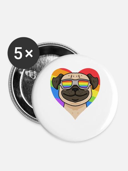 Mops Regenbogen Herz - Buttons groß 56 mm (5er Pack) - Weiß