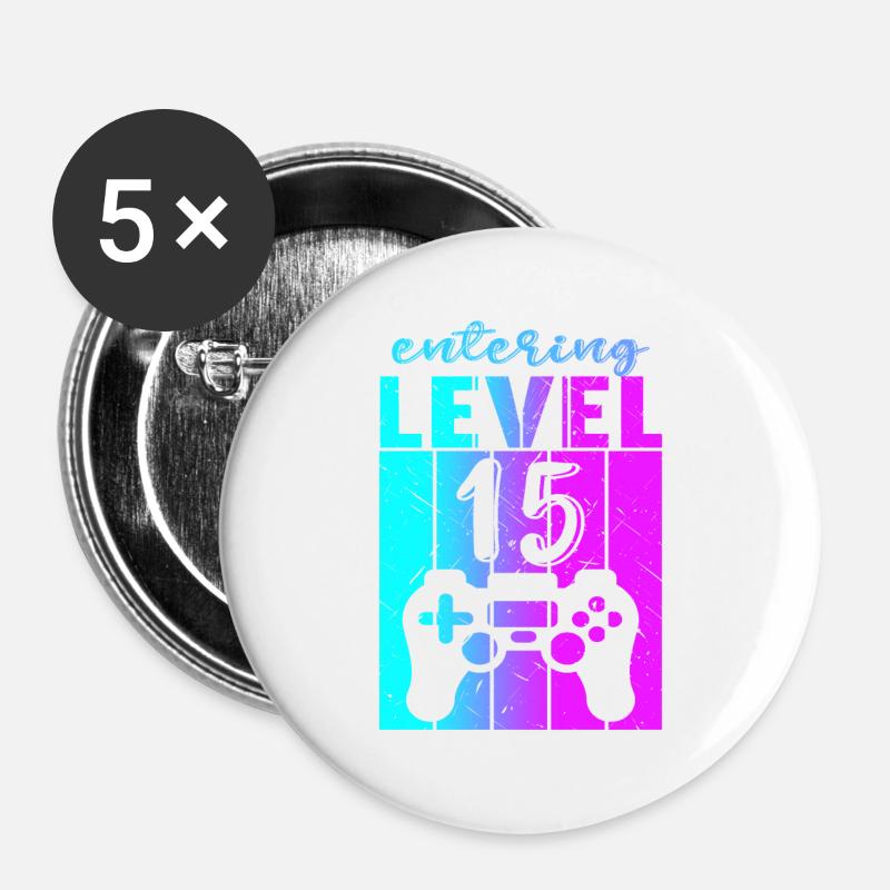 Level 15 Gaming Controller 15. Geburtstag - Buttons groß 56 mm (5er Pack) - Weiß