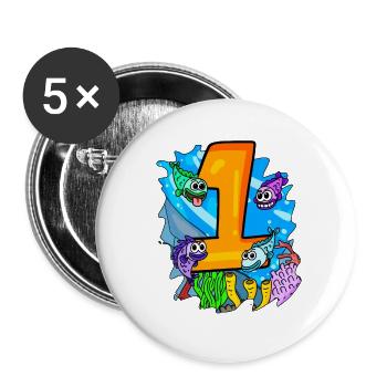 1 Jahr alt - 1. Geburtstag - Fische im Ozean - Buttons groß 56 mm (5er Pack) - Weiß - Vorne