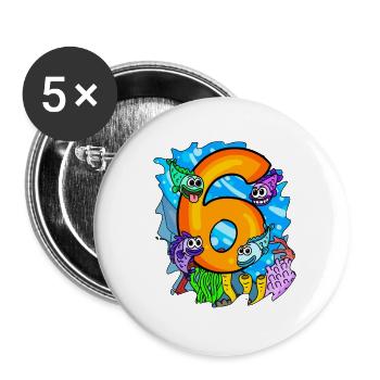 6 Jahre alt - 6. Geburtstag - Fische im Ozean - Buttons groß 56 mm (5er Pack) - Weiß - Vorne