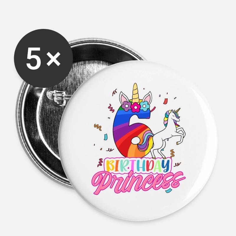 6. Geburtstag Mädchen - Buttons groß 56 mm (5er Pack) - Weiß