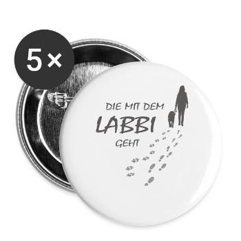 Die mit dem Labbi geht, Hundepfoten Labrador Gassi - Buttons groß 56 mm (5er Pack) - Weiß - Vorne
